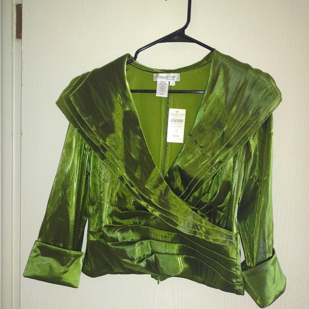 Coldwater Creek Womens Blouse 12 Green Satin Wrap 3/4 Sleeve French Cuffs NWT